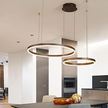 Imagem de Lustre moderno com anel de iluminação, altura ajustável, dimerizável e com controle remoto, ideal para mesa de jantar (marrom, 2 hastes: D40+60cm)
