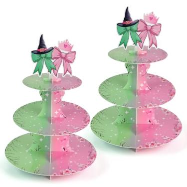 Imagem de Pacote com 2 suportes de cupcake rosa e verde, suprimentos para festa de aniversário com tema de bruxa, 3 andares, torre de papelão de Halloween para festa perversa, aniversário, chá de bebê