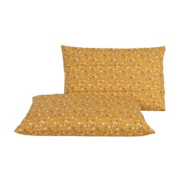 Imagem de Conjunto de 2 protetores de travesseiro Queen de algodão amarelo com estampa floral, macio, confortável, fácil de cuidar, capas de travesseiro com zíper
