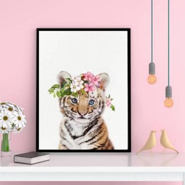 Imagem de Quadro Decorativo Tigrinho Coroa De Flores 34x23Cm