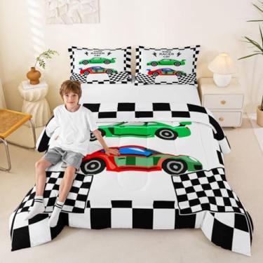 Imagem de jejeloiu Jogo de cama casal com desenho animado de corrida preto e branco para crianças, verde e vermelho, conjunto de edredom de carro fofo, 3 peças