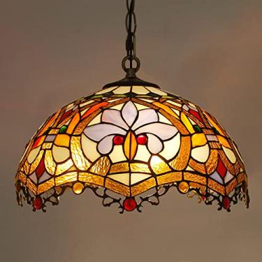 Imagem de Lustre estilo Tiffany de 40 cm (16 polegadas), luminária pendente vintage feita à mão em vitral, altura ajustável, lâmpada de teto LED E27 para decoração de sala de estar, quarto e sala de j