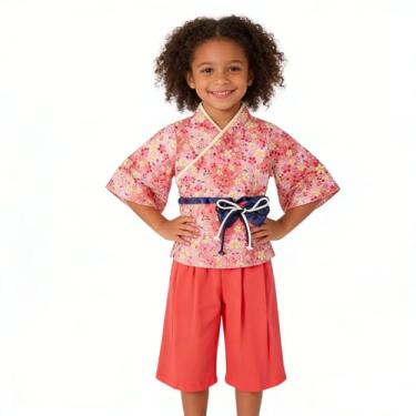 Imagem de Fantasia de quimono para meninas, conjunto de roupas de samurai para crianças, vestido de princesa japonês, fantasia de Halloween, cosplay, capa rosa