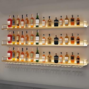 Imagem de Rack de vinho montado na parede com luz LED, prateleira de metal industrial de 3 camadas, exibição de garrafa de licor flutuante dourada e suporte de taça de vinho, solução de armazenamento de barra