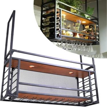 Imagem de Suporte para parede de vinho, barra de teto de metal, suporte para copos de vinho, prateleiras flutuantes de licor de 2 níveis, organizador de armazenamento para pendurar taças longas de metal para