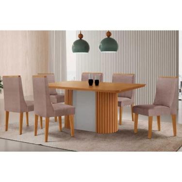 Imagem de Mesa Cozinha Pilar c/ Tampo Madeirado Canto Curvo 180x90cm e 6 Cadeiras Dakota Madeira Maciça Naturale/Off White - Capuccino/Linho Capuccino-Rufato