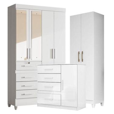 Imagem de Guarda Roupa Com Espelho Infantil Sobral Com Cômoda Vênus E Armário Multiuso New íris Branco Brilho - Moval