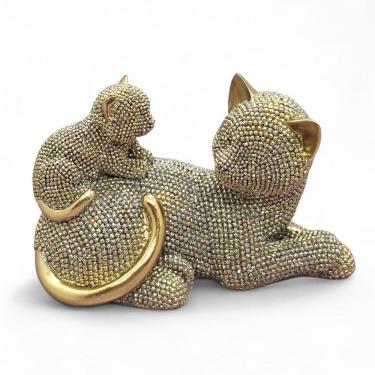 Imagem de Estátua Gatinho e Mãe Deitados Resina Dourada Brilho 11 cm