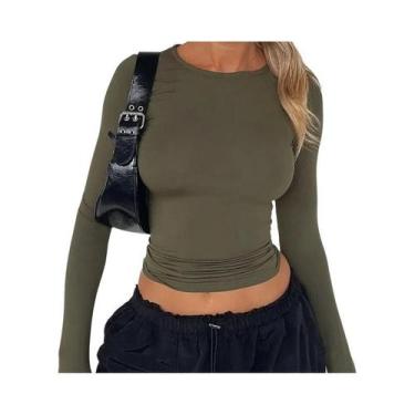 Imagem de Camiseta Cropped Feminina De Manga Longa Y2K, Slim Fit, Casual, Pullov