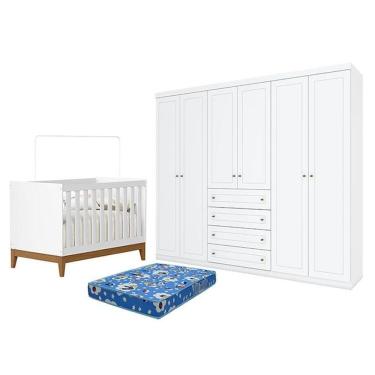 Imagem de Berço Americano Flip Branco Acetinado Reller E Guarda Roupa Casal Americano 6 Portas Branco Hp E Colchão Tendtudo - Henn