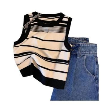 Imagem de Camisola Feminina De Verão Em Tricô Listrado, Sem Mangas, Versátil E M