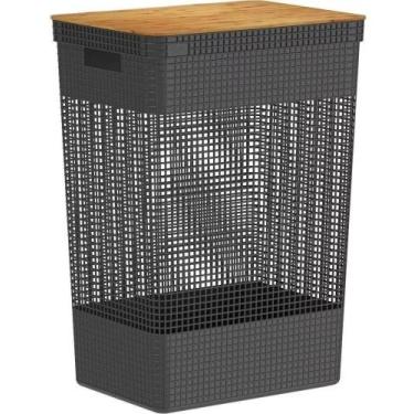 Imagem de Cesto De Roupas Grid Com Tampa De Bambu 49 Litros, Preto