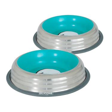 Imagem de Kit 2 Comedouros Inox Premium Azul 850ml - Resistente, Antiderrapante E Fácil De Limpar