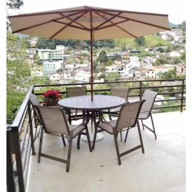 Imagem de Jogo de Mesa Lótus e 6 Cadeiras de Alumínio com Guarda Sol Para Piscina Capucino/marrom...