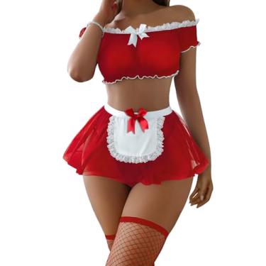 Imagem de Foxiny Mini saia sexy de malha de renda transparente para Halloween, roupa de empregada doméstica, conjunto de 4 peças, Vermelho, XXG