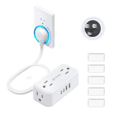 Imagem de TROND Extensor de tomada giratório de 360° 91 cm - cabo de extensão flexível, divisor de tomada de parede multiplugue, 4 AC 4 USB, montável para tomada de alcance rígido no quarto, casa, escritório