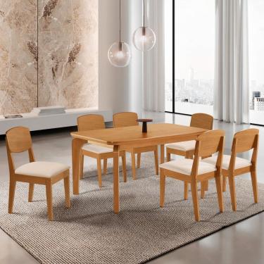 Imagem de Conjunto Sala de Jantar Mesa Dublin Tampo em Mdf e 6 Cadeiras Cleo Yescasa Creme / Naturalle