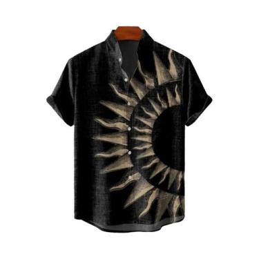 Imagem de Camisa Masculina Vintage De Linho Com Estampa De Sol, Manga Curta, Ver