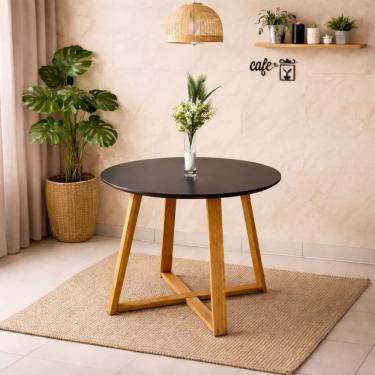 Imagem de Mesa De Jantar Redonda Preta Livia Moderna 90cm Pés Madeira