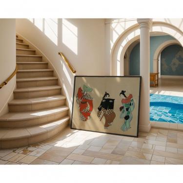 Imagem de Quadro Decorativo Três Gueixas, um Só Coração Retangular 60 X 90 em Vinil com Vidro Preto