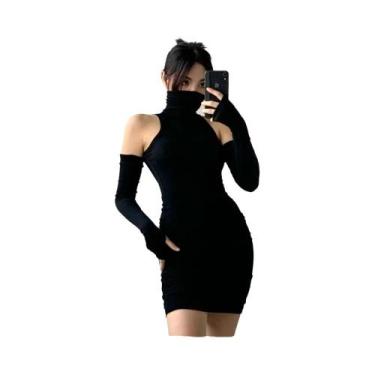Imagem de Vestido Mini Preto Feminino Com Gola Alta, Mangas Compridas, Plissado,