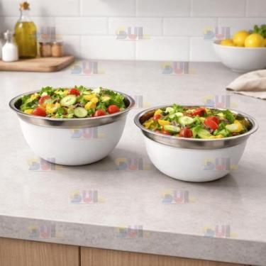 Imagem de Kit 2 Bowl Inox Tigela 14CM + 16CM BASE BRANCA PREMIUM Fundo Grosso Ba