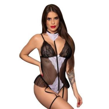 Imagem de Body Paris em Tule e Renda Lingerie com Ligas + Choker e Venda - Garot
