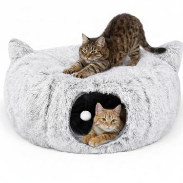 Imagem de PurrPuff Caverna para cama de túnel para gatos com brinquedos de erva-dos-gatos - esconderijo de gato e túnel de donut para gatos - túneis 3 em 1 para gatos internos - Cama dobrável para gatos fofos