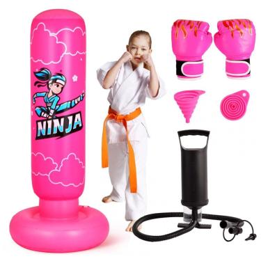Imagem de Saco de pancadas inflável infantil Onirii ninja rosa, 168cm, PVC, com luvas e bomba de