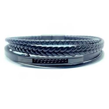 Imagem de Bracelete de Aço e Couro Preto 21cm com Detalhe Trabalhado - Rosso Des