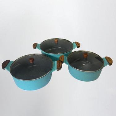Imagem de Kit 3 Caçarolas 26a30cm Cerâmico Alças Madeira com Tampas de Vidro - C