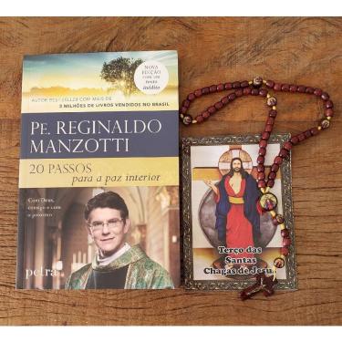 Imagem de Super Kit Padre Reginaldo Manzotti- Terço das Santas Chagas Madeira 42 cm + Livro 20 Passos Para a Paz Interior