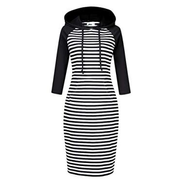 Imagem de MISSKY Vestido feminino listrado com bolso na altura do joelho e capuz, Mangas raglã/preto e branco 7#, M