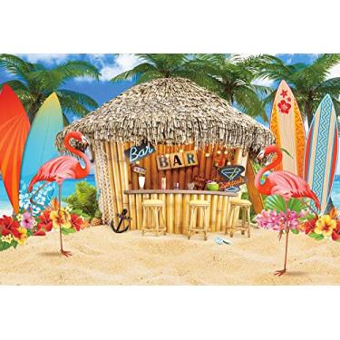 Imagem de Yeele 1,5 x 3,0 m Hawaiian Beach Seaside Bar Backdrop Tropical Flamingos Palmeira Surfboard Photography Background Holiday Aloha Luau Party Decoration Kids Birthday Vinyl Photo Studio Adereços