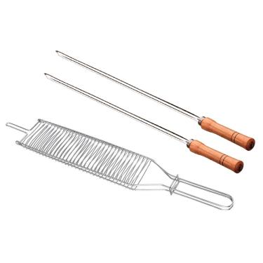 Imagem de Conjunto de Grelha para Coraçãozinho e Espetos Simples Utimil em Aço Cromado, Aço Inox e Madeira – 3 Peças 