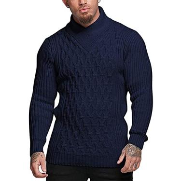 Imagem de Dawwoti Suéter masculino gola xale pulôver cor sólida torcido tricô jumpers casual ajuste regular, Azul-escuro, M