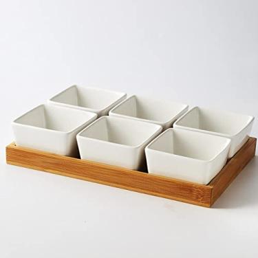 Imagem de Prato de sobremesa de cerâmica Prato de frutas quadrado Bandeja de bambu e madeira Prato de doces,E