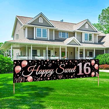 Imagem de Decorações de aniversário de 16 anos Sweet 16 Banner Party Supplies, Rose Gold Happy Sweet Sixteen Birthday Party Decor for Girl, 16 anos old Birthday Yard Sign for Indoor Outdoor