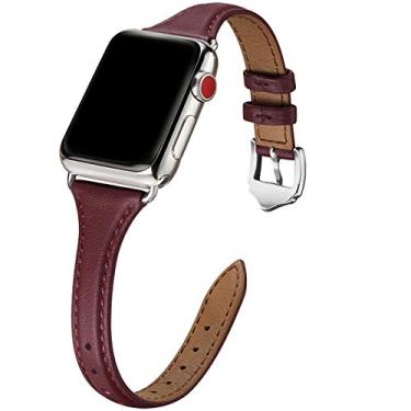 Imagem de WFEAGL Pulseiras de couro compatíveis com Apple Watch séries 4/3/2/1 de 38 mm, 40 mm, 42 mm e 44 mm, fina (pulseira vinho + adaptador prata, 38 mm e 40 mm)