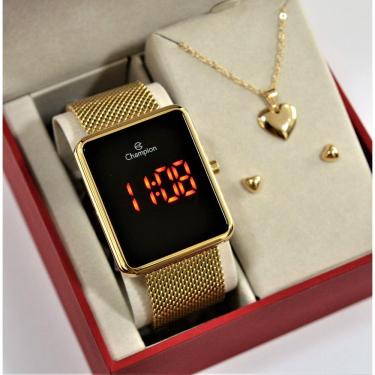 Imagem de RELOGIO CHAMPION DOURADO QUADRADO DIGITAL LED VERMELHO CH40080Vs + SEMI JOIA