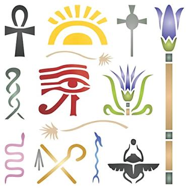 Imagem de Stencils for Walls: Estêncil de símbolos egípcios, 16,5 x 16,5 cm (M) - Símbolo clássico do Egito Hiroglifos para modelo de pintura