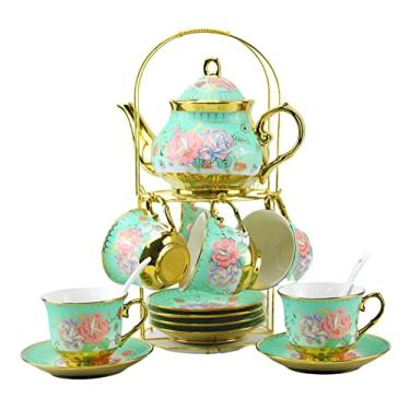 Imagem de Conjunto de chá de porcelana de 20 peças com suporte de metal, conjunto de café de cerâmica europeia, conjunto de chá turco, conjunto de chá para mulheres com pintura de flores, 765 g/pote, 200 ml (verde)