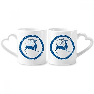 Imagem de Conjunto de canecas de porcelana de casal azul de cervo de desenho animado com alça de coração