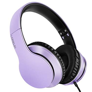 Imagem de LORELEI X6 Fones de ouvido circum-auricular com microfone, leve, dobrável e portátil, baixo estéreo, fones de ouvido com 1,45 m, sem embaraço, com fio para smartphone tablet MP3/4 (roxo-preto)