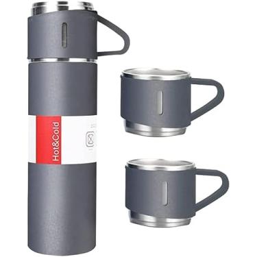 Imagem de Garrafa térmica para bebidas quentes e frias isolada 500ML de aço inoxidável à prova de vazamento com 3 xícaras/Canecas de café ou água para o a sua viagem acampamento, trabalho, escola e faculdade (CINZA)