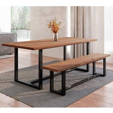 Imagem de Conjunto de Jantar Mesa 210cm com Banco Rústico Industrial Lumber Yescasa Marrom/Preto