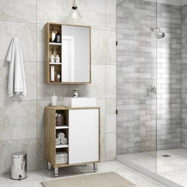 Imagem de Gabinete para Banheiro com Cuba e Espelheira Nichos Ozini Carvalho Cartagena/Branco