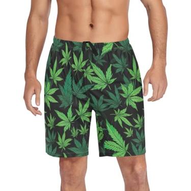 Imagem de CHIFIGNO Shorts de pijama masculino, short de pijama para dormir, short de pijama elástico com bolsos e cordão, Folhas de palmeira verde tropical - 1, G