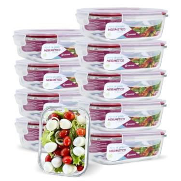 Imagem de Conjunto 10 Potes Vidro Hermético Marmita Mantimento 640ml (Vermelho)