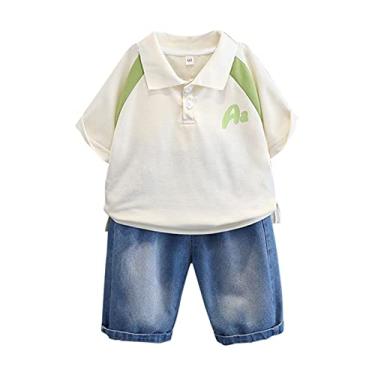 Imagem de Camiseta de manga curta para bebês meninos verão infantil lapela + shorts jeans moda conjunto de duas peças azul-petróleo e agasalho, Branco, 9-11Years